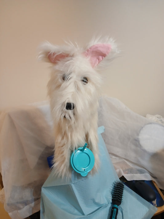 White Terrier Dog Half Puppet (also available in whole body puppet) Medium length hair.